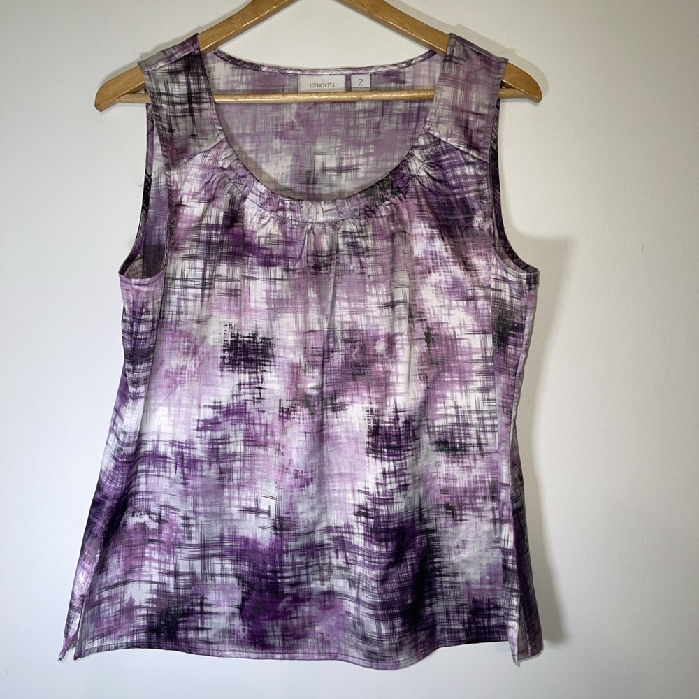 Chico's Size 2 Purple Abstract Print Sleeveless Blouse Career Tank Top
